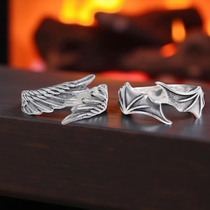 Adjustable Angel & Demon Wings Ring | Gothic Statement Jewelry | Unisex Fantasy Ring