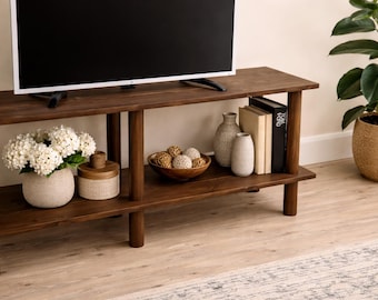 Soporte para TV de madera hecho a mano / Consola multimedia minimalista, mesa consola de madera natural