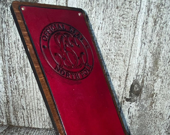 Wood and leather phone stand Seal of North Pole Santa