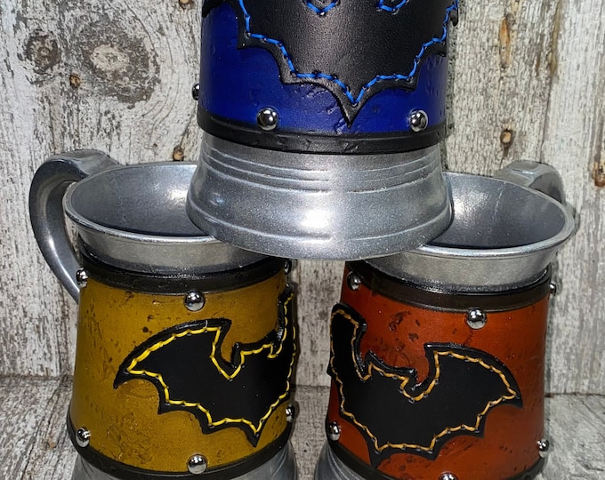 Leather Metal 36 oz tankard mug bat gothic hand stitched