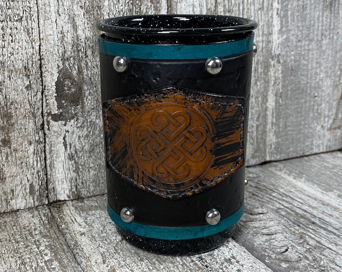 Leather Enamel Camp Mug Tall 21 oz COLORS Celtic Knot Heart