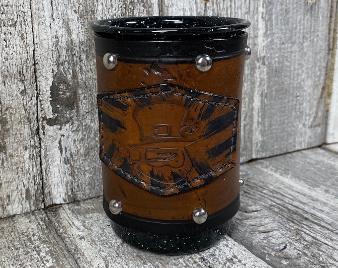 Leather Enamel Camp Mug Tall 21 oz COLORS Leprechaun