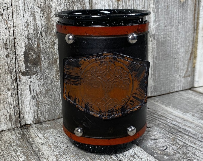 Leather Enamel Camp Mug Tall 21 oz COLORS Celtic Tree