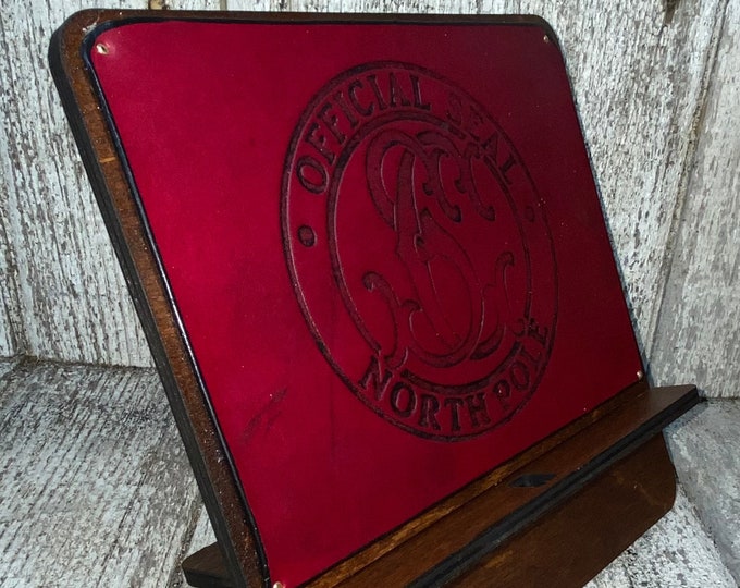Wood and leather tablet stand gaming Santa Seal of North Pole Christmas
