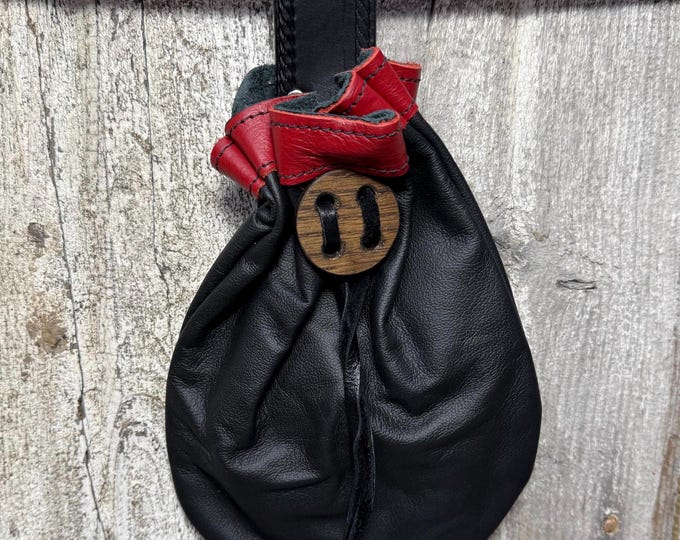 Leather drawstring belt pouch with wooden slide