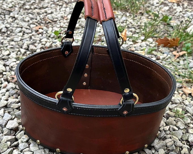 Leather hand basket with brass hardware