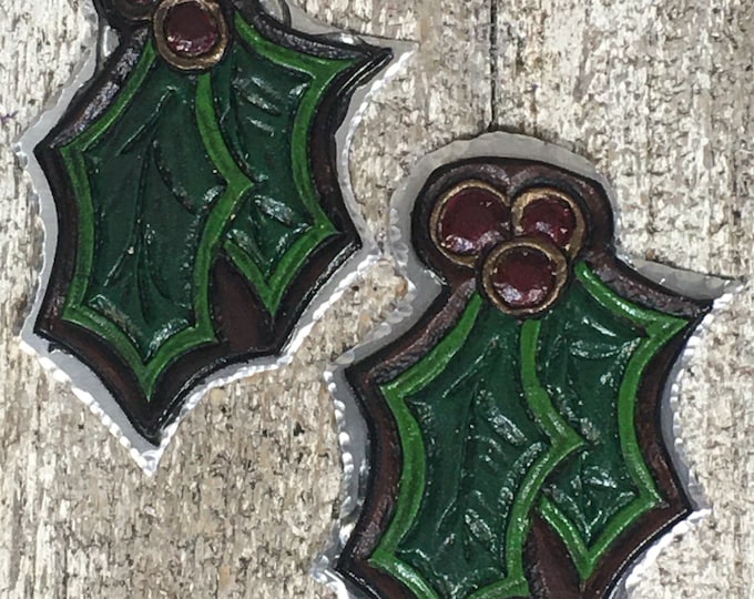 Leather and aluminum hand tooled holly pin Christmas