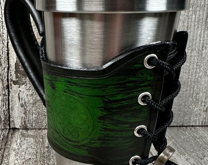 Leather insulated tumbler corset holder stainless steel celtic beer coffee