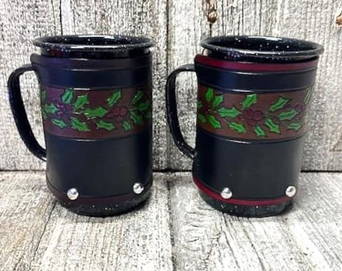 Holly Leaves Enamel Camp Mugs with Leather Wrap