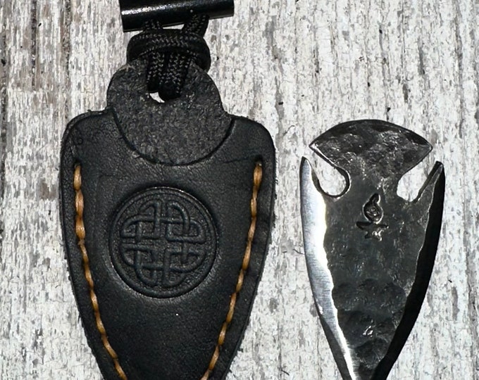 Leather and hand forged fire starter arrowhead necklace