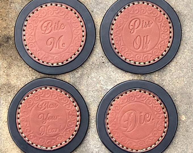 Rude coasters set leather hand stitched