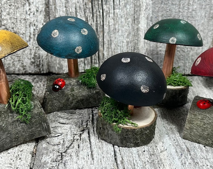 Leather, copper, and wood cottage chic mushrooms hand painted