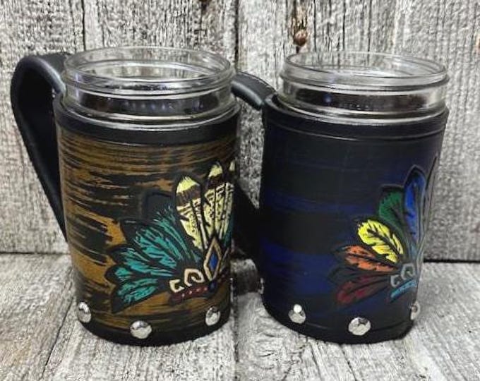 Painted Feather Leather Cover Mason Jar Mug with Wooden Bottom