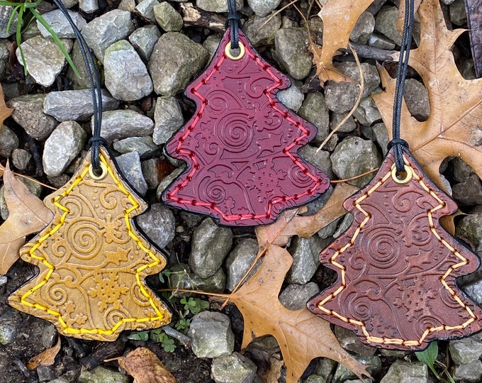 Leather Hand Stitched Holiday Christmas tree Ornaments