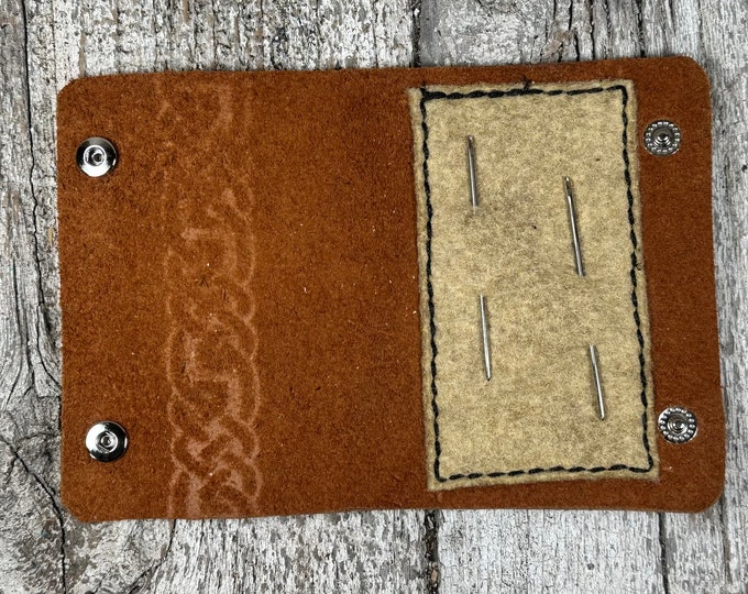 Leather and felt needle book case celtic design