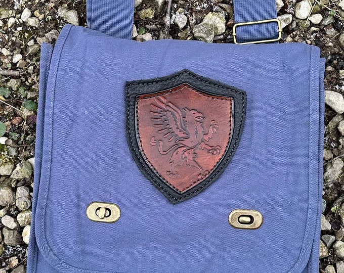 Canvas and leather messenger bag rampant Griffin Gryphon