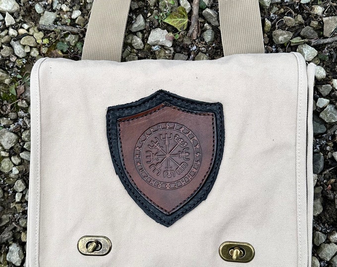 Canvas and leather messenger bag Norse Viking Vegvisir wayfinder compass