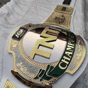 May include: A gold and silver wrestling championship belt with the letters "TNT" in gold. The belt has a white strap and a green and gold "Champion" banner. The AEW logo is visible.
