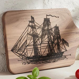 Tall Ship Cutting Board, Nautical Engraved Charcuterie Server, Coastal Lake House Decor
