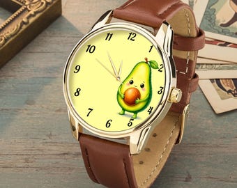 Reloj de aguacate, reloj de pulsera kawaii para amantes de la comida, accesorio vegano, estilo casual.