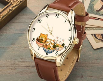 Reloj de gato ramen, reloj de pulsera kawaii para amantes de la comida, diseño felino acogedor, caja de latón.