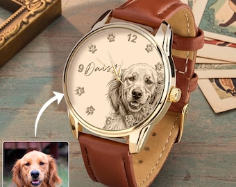 Custom Dog Sketch Watch from Photo, Personalized Pet Portrait Wristwatch, Dog Lover Gift