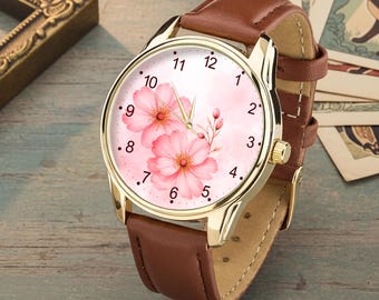 Reloj de pulsera floral rosa en acuarela, reloj botánico, estilo femenino y delicado.