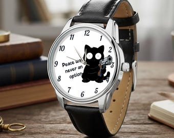 Reloj con diseño atrevido de gato negro, reloj de pulsera con humor negro, accesorio llamativo, correa unisex de cuero ecológico.