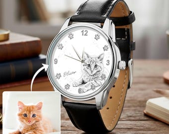 Orologio personalizzato con disegno di gatto da foto, orologio da polso con ritratto di animale domestico personalizzato, regalo minimalista per amanti dei gatti