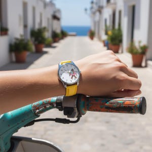 May include: A wristwatch with a bright yellow leather strap and a silver-tone metal case. The white watch face features black numerical hour markers and a central graphic illustration of a brown creature holding a pink circular floatation device.