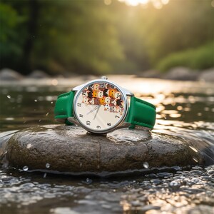 May include: A silver wristwatch with a green leather band rests on a rock in a stream. The watch face features a pattern of cartoon dogs. The watch hands point to approximately 10:08. The background is a blurred view of a green forest and sunlight.
