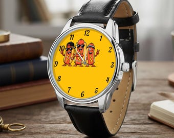 Reloj divertido con forma de perrito caliente, reloj de pulsera con diseño de salchicha kawaii de dibujos animados, accesorio para amantes de la comida.