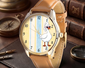 Funny Spa Duck Watch, Quirky Animal Casual Watch, Brass Case, Eco Leather Strap