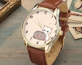 Reloj Kawaii con diseño de gatos, accesorio acogedor para amantes de los animales, estilo casual unisex.