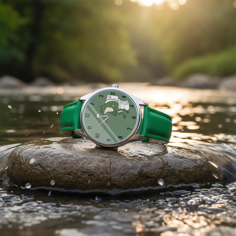 May include: A silver wristwatch with a green leather band and a green watch face. The watch face features a cartoon frog on a toilet. The watch is resting on a wet rock in a stream.