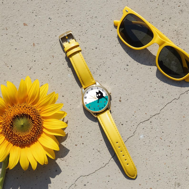 Pu&ograve; includere: Un orologio da polso giallo con cassa color oro e cinturino in pelle giallo. Il quadrante presenta un gatto nero su sfondo turchese e bianco. Occhiali da sole gialli e un girasole sono anche nell'immagine.