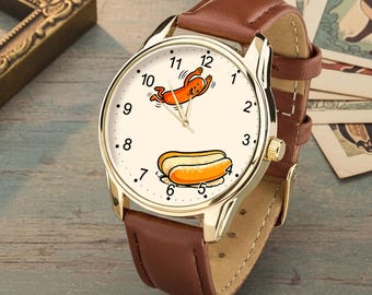 Reloj divertido con forma de perrito caliente, reloj de pulsera original con diseño de comida, accesorio para amantes de las salchichas.