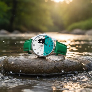 Pu&ograve; includere: Un orologio da polso argentato con quadrante bianco con numeri neri e un design a forma di gatto dei cartoni animati. L'orologio ha un cinturino in pelle verde ed &egrave; ambientato su uno sfondo naturale all'aperto.