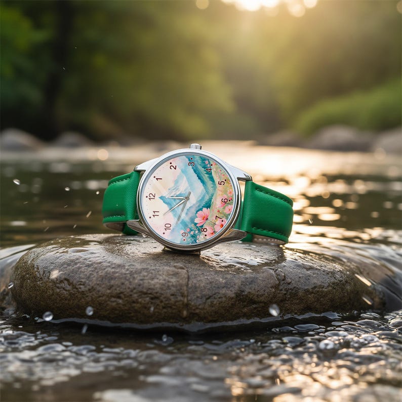 May include: A wristwatch with a silver-toned circular case and a vibrant green leather strap. The watch face features a detailed illustration of a mountain landscape with pink flowers, silver hour markers, and thin silver hands for timekeeping.