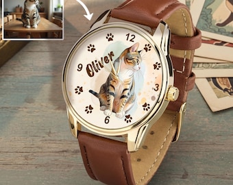 Orologio personalizzato con foto di gatto, orologio da polso con ritratto di animale domestico personalizzato, regalo unico per gli amanti dei gatti