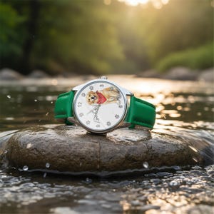 Puede incluir: Un reloj de pulsera plateado con una correa de cuero verde descansa sobre una roca en un arroyo. La esfera del reloj presenta un golden retriever con un pa&ntilde;uelo rojo. El reloj tiene una esfera blanca con huellas de patas e indicadores de hora plateados.