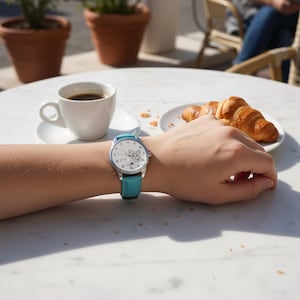 May include: A silver wristwatch with a light blue leather band. The watch face features a cartoon cat illustration and white numerals. The watch is on a person's wrist, with a cup of coffee and a croissant in the background.