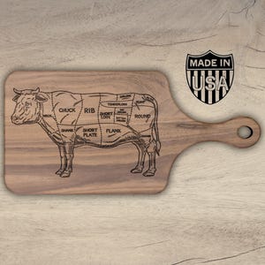 Beef Cuts Diagram Cutting Board, Butcher Cow Engraved, BBQ Charcuterie Board, Steak Lover Gift