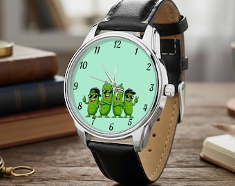 Reloj divertido con diseño de pepinillo, reloj de pulsera kawaii con temática de comida, regalo para amantes del pepino verde.