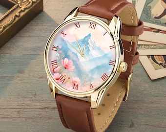 Reloj con estampado floral en tonos pastel y paisaje de montaña, reloj de pulsera de naturaleza suave, correa de cuero ecológico.