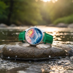 May include: A wristwatch with a silver case and a green leather band. The watch face features a colorful mountain landscape with a sunset. The watch is resting on a rock in a stream.