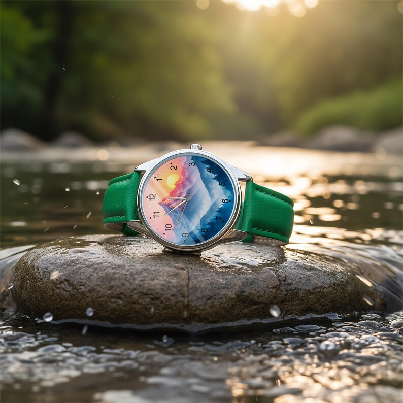 May include: A wristwatch with a silver case and a green leather band. The watch face features a colorful mountain landscape with a sunset. The watch is resting on a rock in a stream.