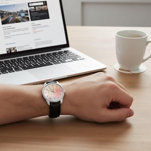 May include: A wristwatch with a silver-tone circular case and a black leather strap. The watch face features a light-colored background with a soft watercolor-style floral design in shades of pink and orange, along with black numerals and hands.