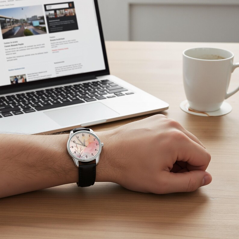 May include: A wristwatch with a silver-tone circular case and a black leather strap. The watch face features a light-colored background with a soft watercolor-style floral design in shades of pink and orange, along with black numerals and hands.