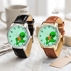 Alien Pizza Watch, UFO Space Food Wristwatch, Quirky Leather Band Accessory image 2